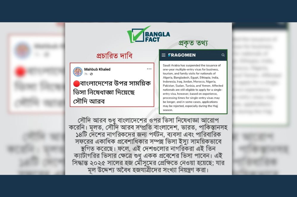 সৌদি আরব কর্তৃক শুধুমাত্র বাংলাদেশের ওপর ভিসা নিষেধাজ্ঞা আরোপ করা হয়েছে বলে প্রচারিত দাবিটি বিভ্রান্তিকর।
